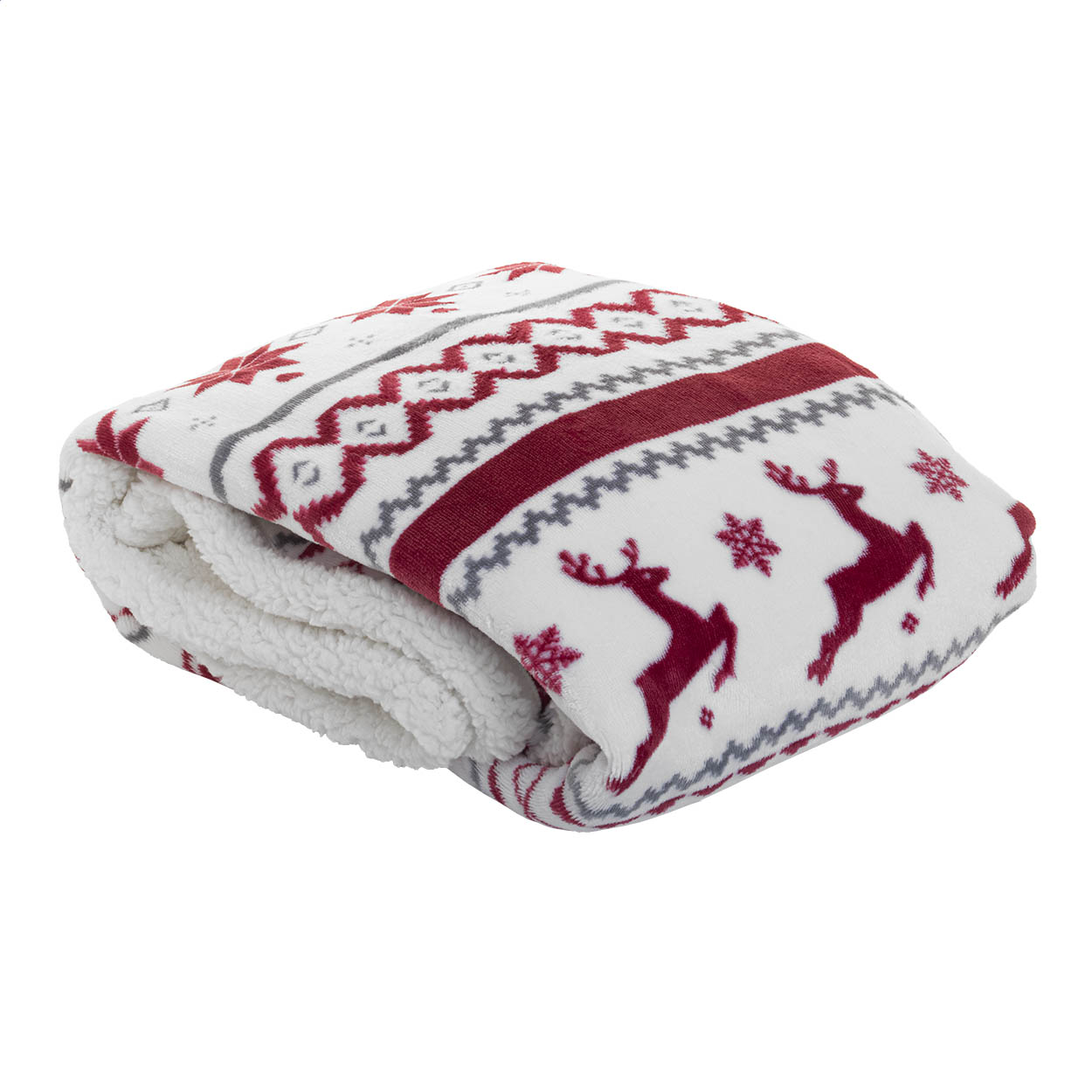 Coperta natalizia in RPET a doppio strato in pile di flanella RPET da 230 g/m² e fodera reversibile in pile sherpa RPET da 210 g/m² — gadget promozionale personalizzabile con il tuo logo