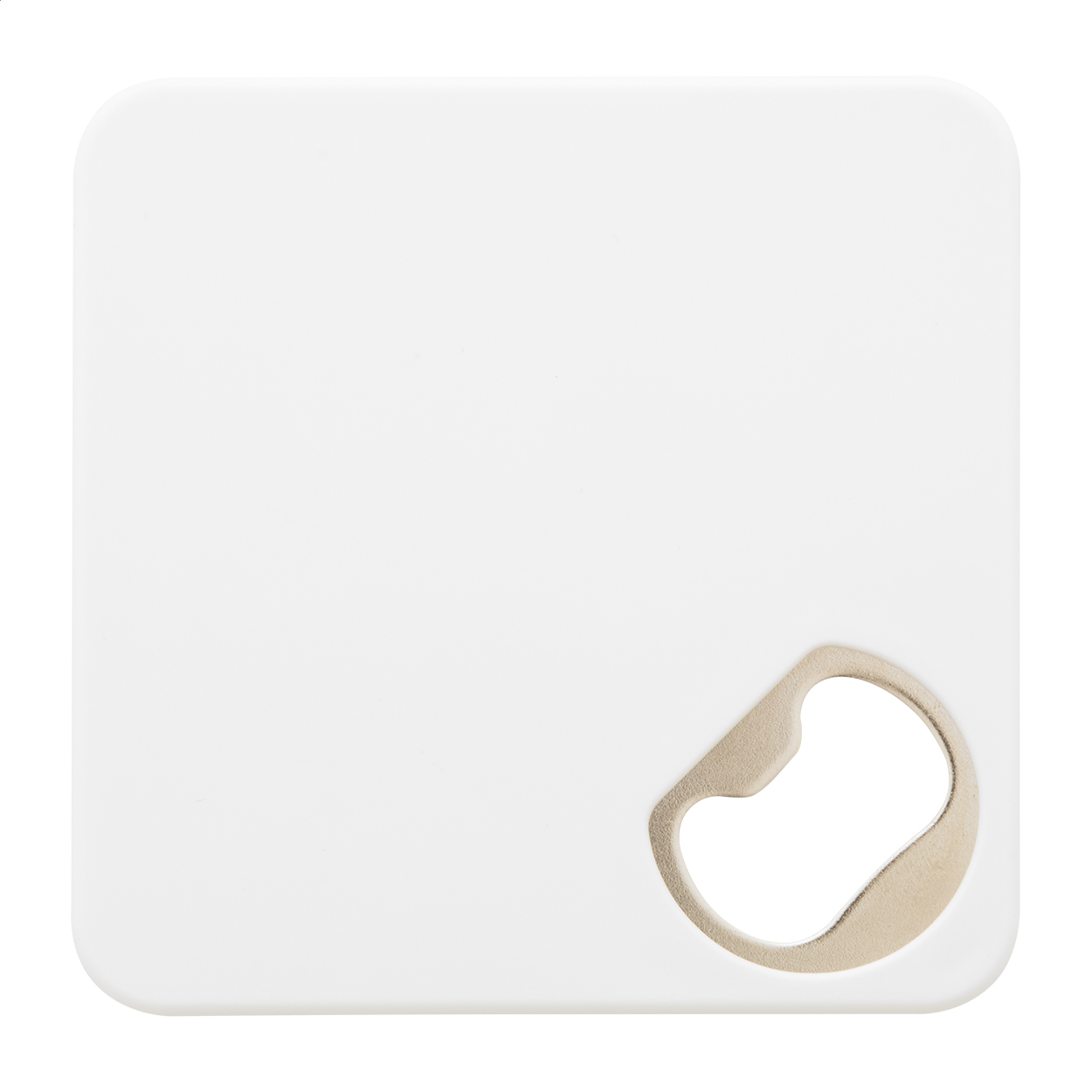 Sottobicchiere in plastica con apribottiglie in metallo e fondo antiscivolo — gadget promozionale personalizzabile con il tuo logo