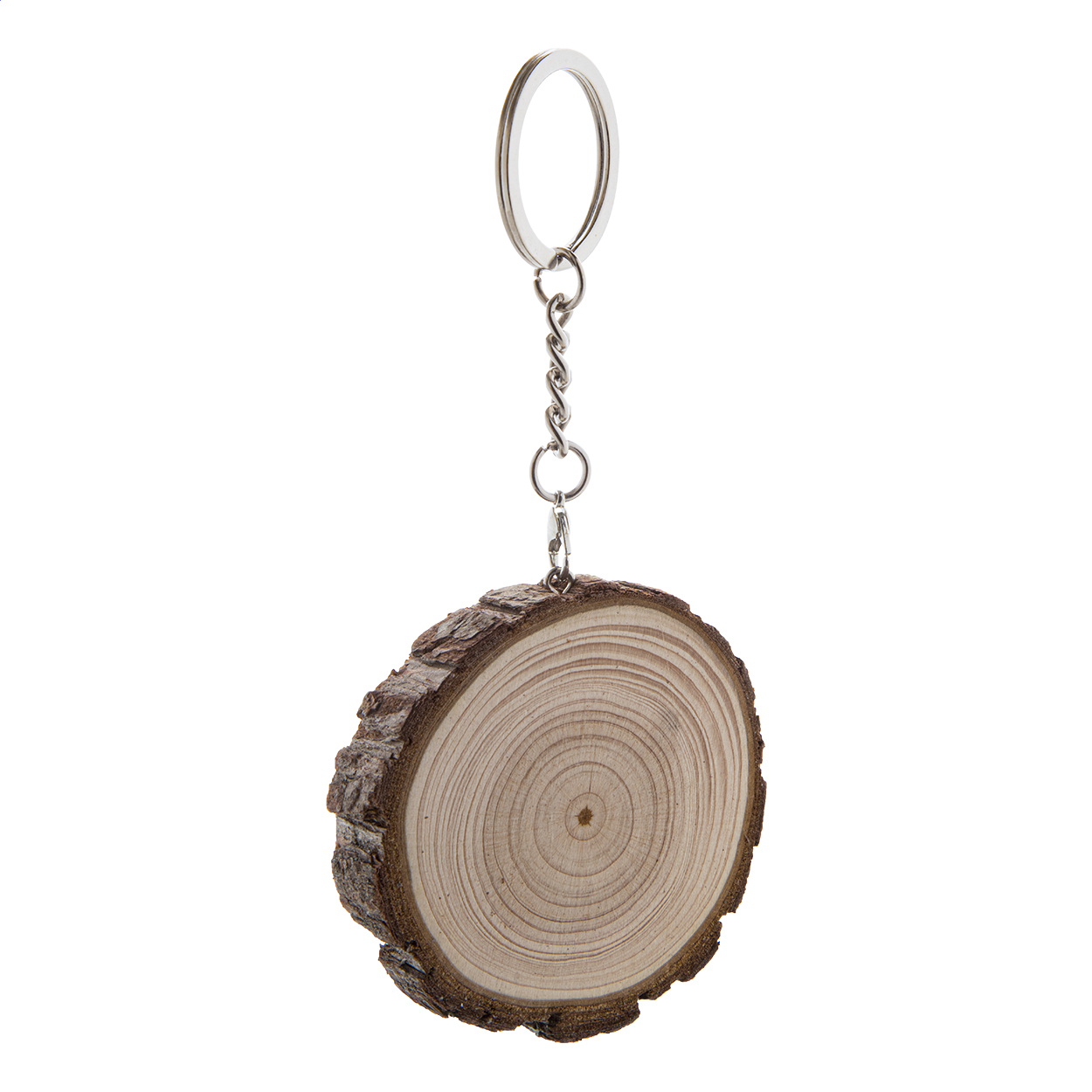 Portachiavi con corteccia di legno di pino e anello in metallo — gadget promozionale personalizzabile con il tuo logo