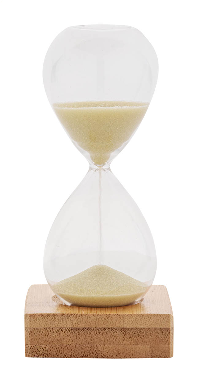 Clessidra 5 minuti in vetro borosilicato con base in bambù, confezionata in scatola di cartoncino kraft — gadget promozionale personalizzabile con il tuo logo