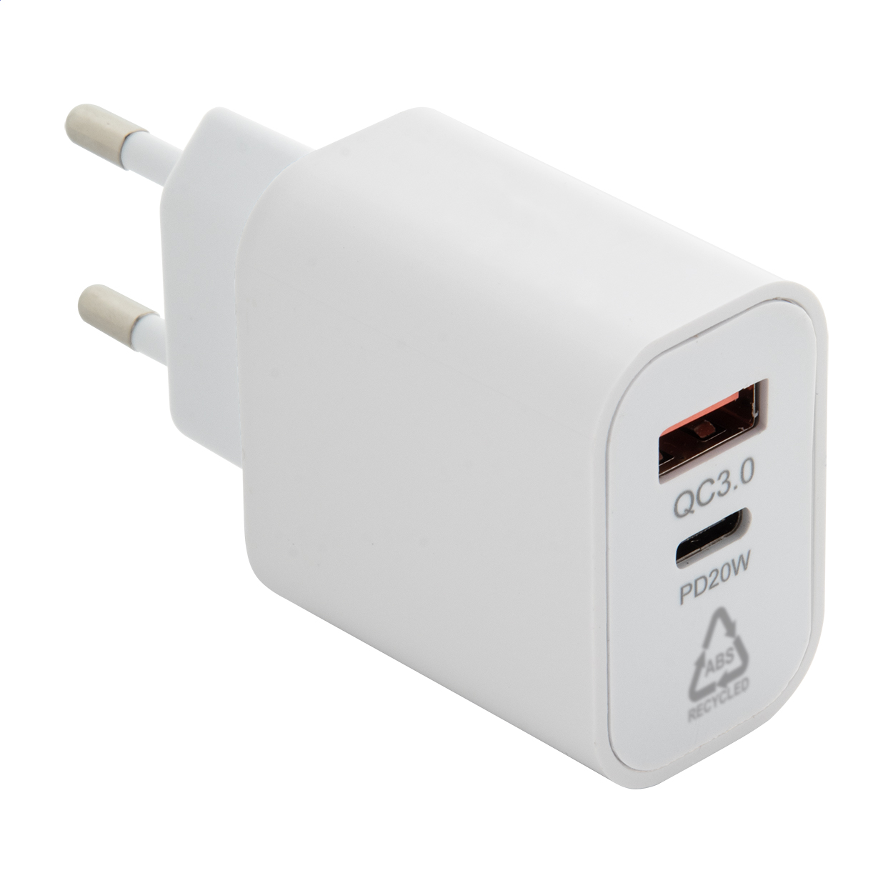 Caricabatterie USB da parete in ABS riciclato (RABS) — gadget promozionale personalizzabile con il tuo logo