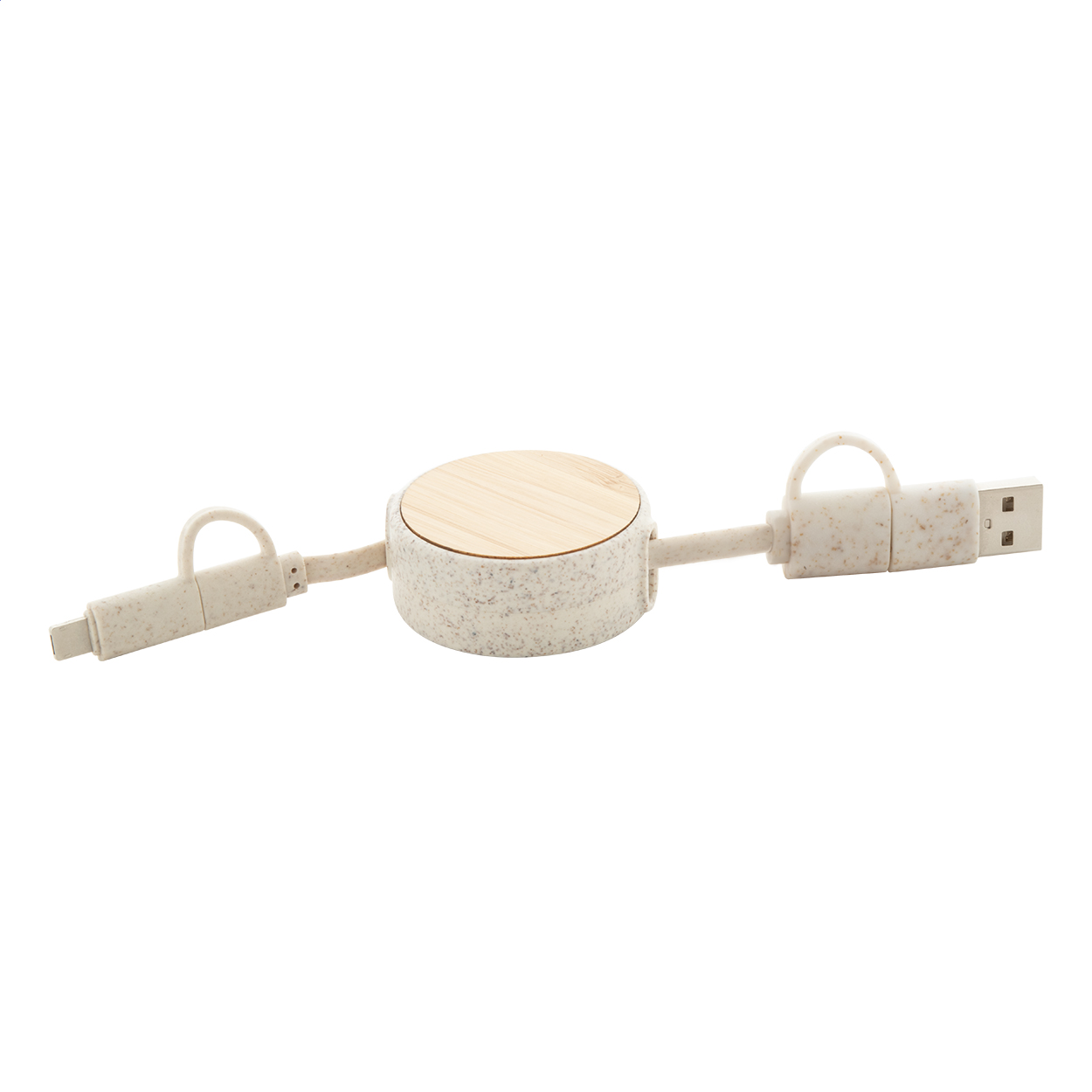 Cavo di ricarica USB telescopico in plastica ecologica di paglia di grano e bambù — gadget promozionale personalizzabile con il tuo logo