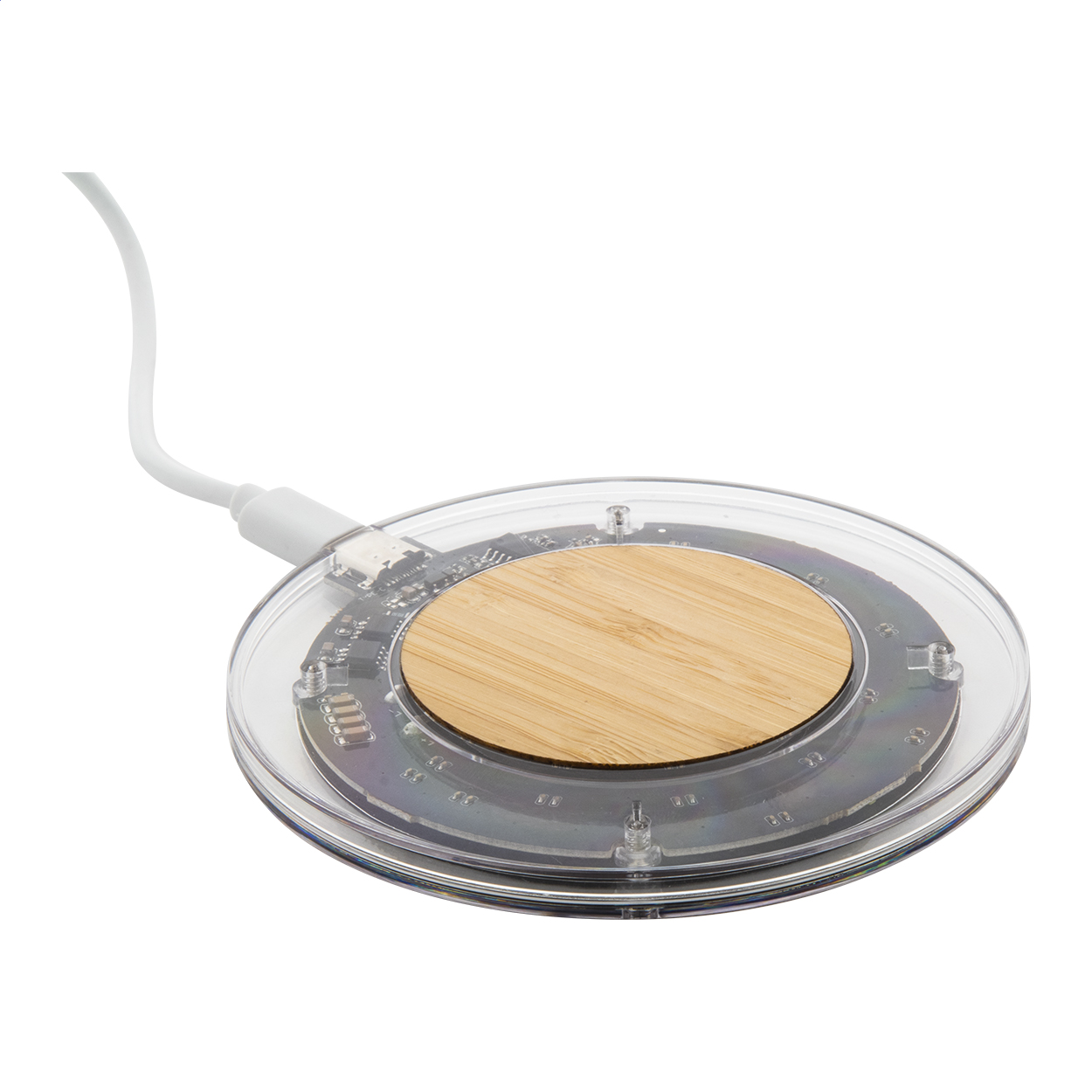 Caricabatterie rapido wireless da 15W, corpo in plastica trasparente e bambù con componenti elettronici a vista — gadget promozionale personalizzabile con il tuo logo