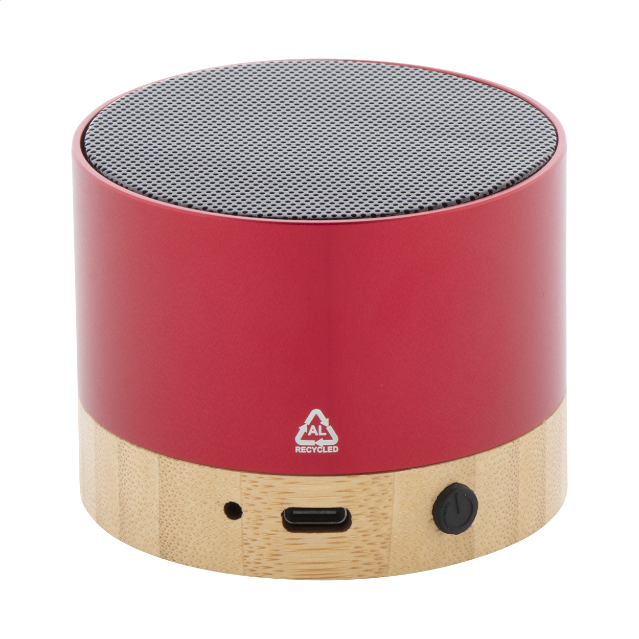 Cassa wireless in alluminio riciclato con base in bambù — gadget promozionale personalizzabile con il tuo logo