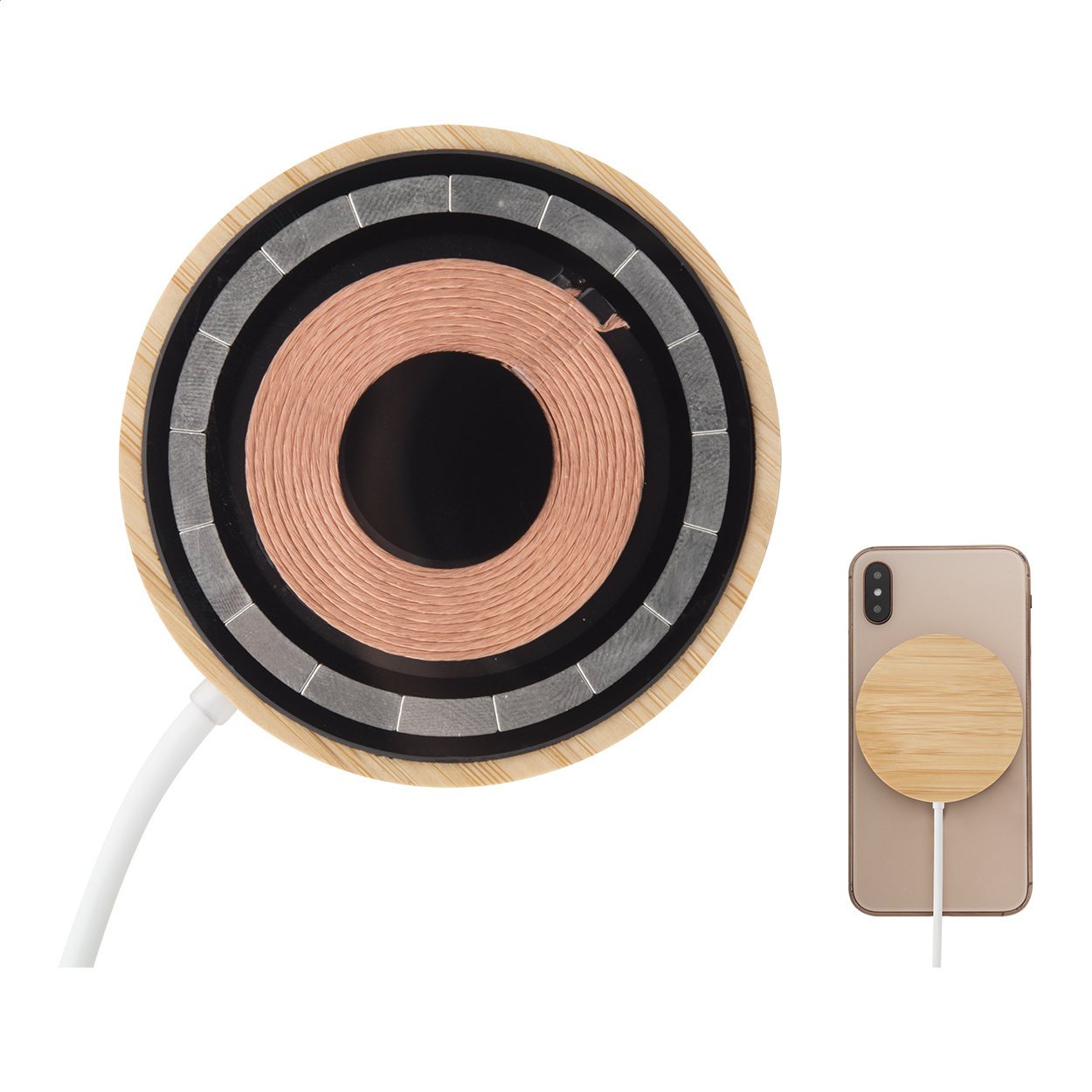 Caricatore magnetico wireless veloce (15W) con struttura semitrasparente rivestita in bambù e componenti elettronici chiaramente visibili — gadget promozionale personalizzabile con il tuo logo