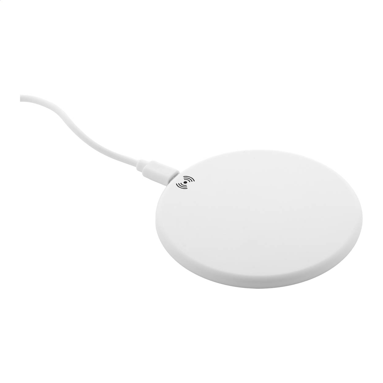 Caricatore rapido wireless in plastica ABS riciclata (15W) e cavo di ricarica USB incluso — gadget promozionale personalizzabile con il tuo logo