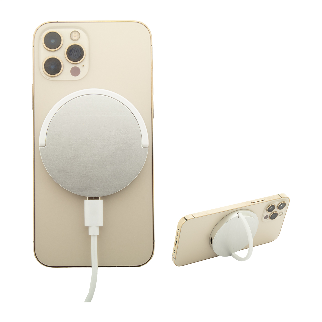 Caricatore magnetico veloce wireless (15W) compatibile con iPhone® 12 o più recente, con anello portacellulare in alluminio riciclato e plastica ABS riciclata — gadget promozionale personalizzabile con il tuo logo
