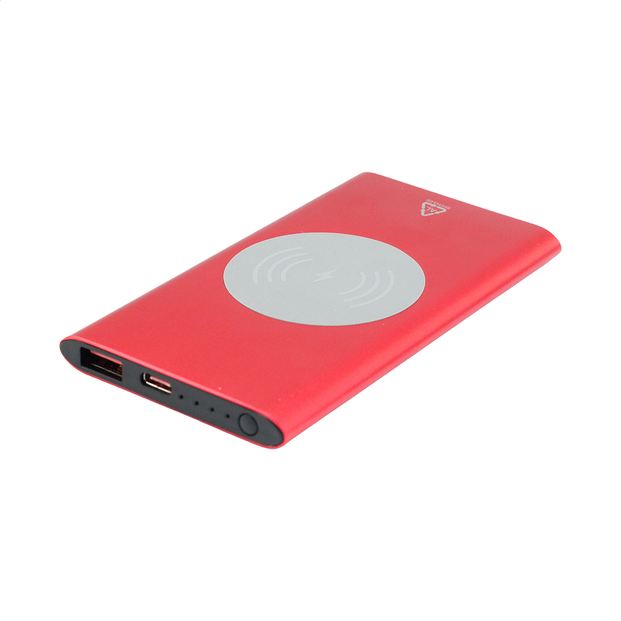 Power bank USB in alluminio riciclato con caricatore rapido wireless integrato (15W), batteria da 4000 mAh, porta di ingresso USB-C e 1 porta di ricarica USB e 1 USB-C — gadget promozionale personalizzabile con il tuo logo