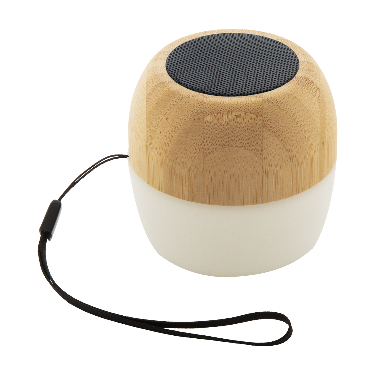 Cassa wireless in plastica ABS riciclata e involucro di bambù con luce LED multicolore sul fondo — gadget promozionale personalizzabile con il tuo logo