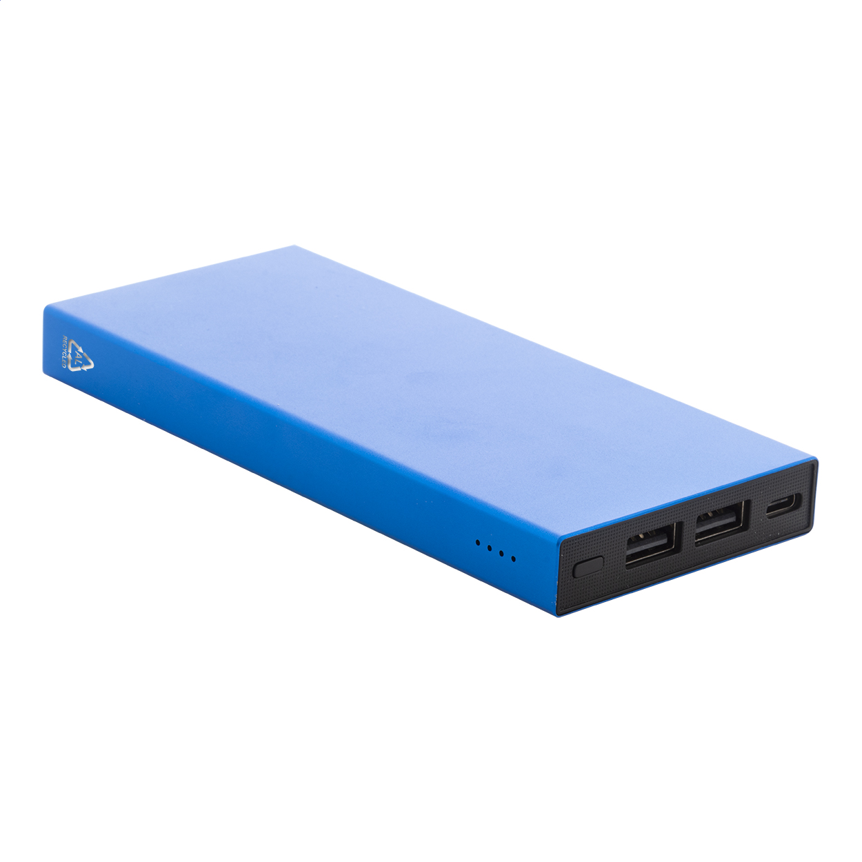 Power bank in alluminio riciclato con batteria da 10000 mAh, con 2 porte di ricarica USB e 1 USB-C e porta di ingresso USB-C — gadget promozionale personalizzabile con il tuo logo