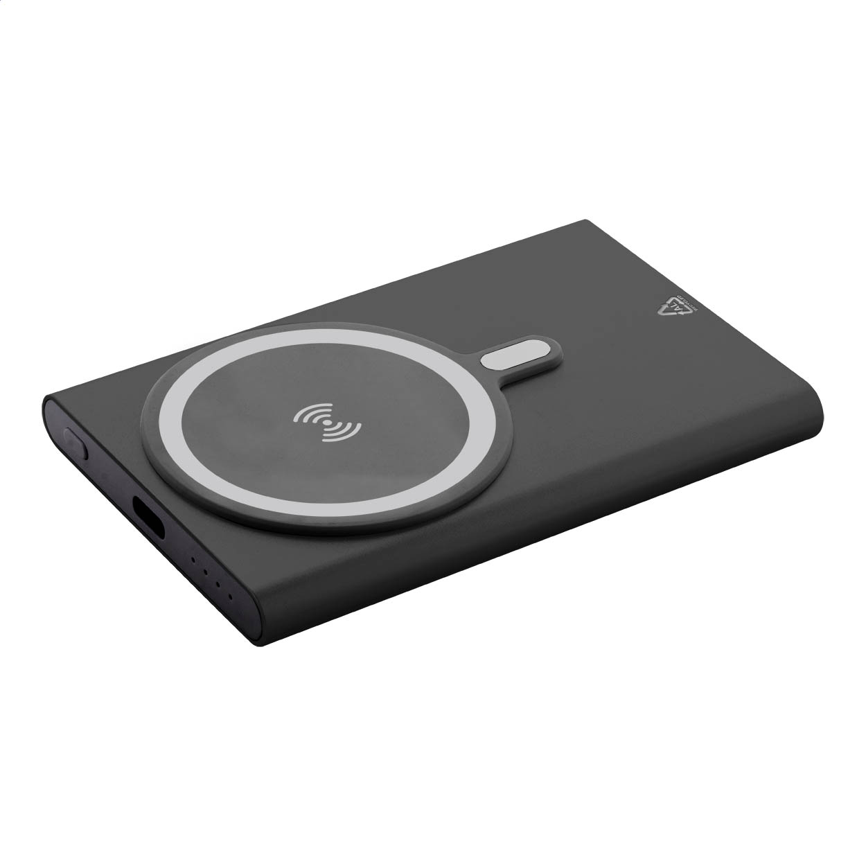 Power bank in alluminio riciclato con sistema di ricarica rapida wireless magnetica integrata (15 W) e batteria da 5000 mAh — gadget promozionale personalizzabile con il tuo logo