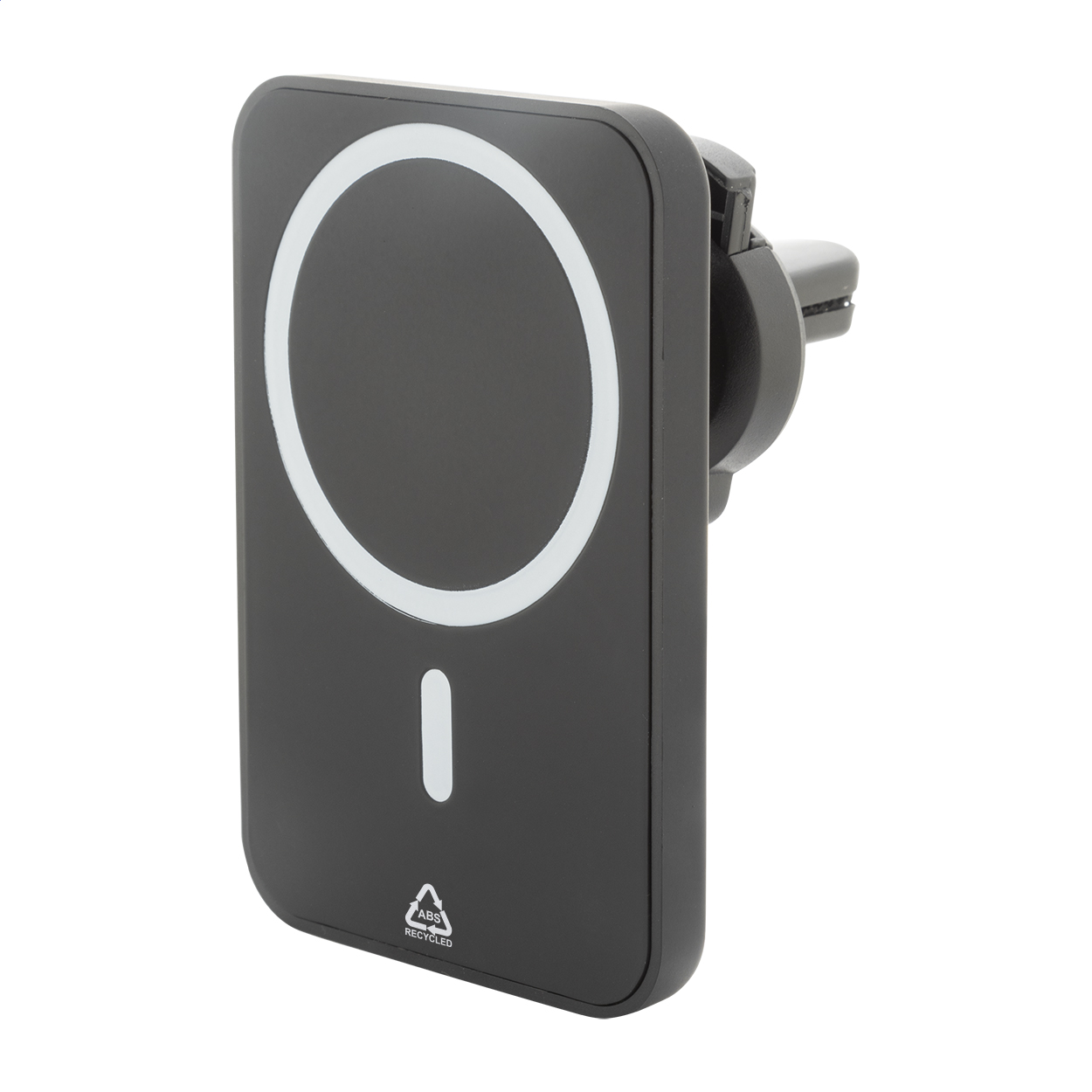 Supporto magnetico per auto in ABS riciclato con caricatore rapido wireless incorporato (15W) e supporto regolabile per il montaggio sulla bocchetta dell'aria — gadget promozionale personalizzabile con il tuo logo