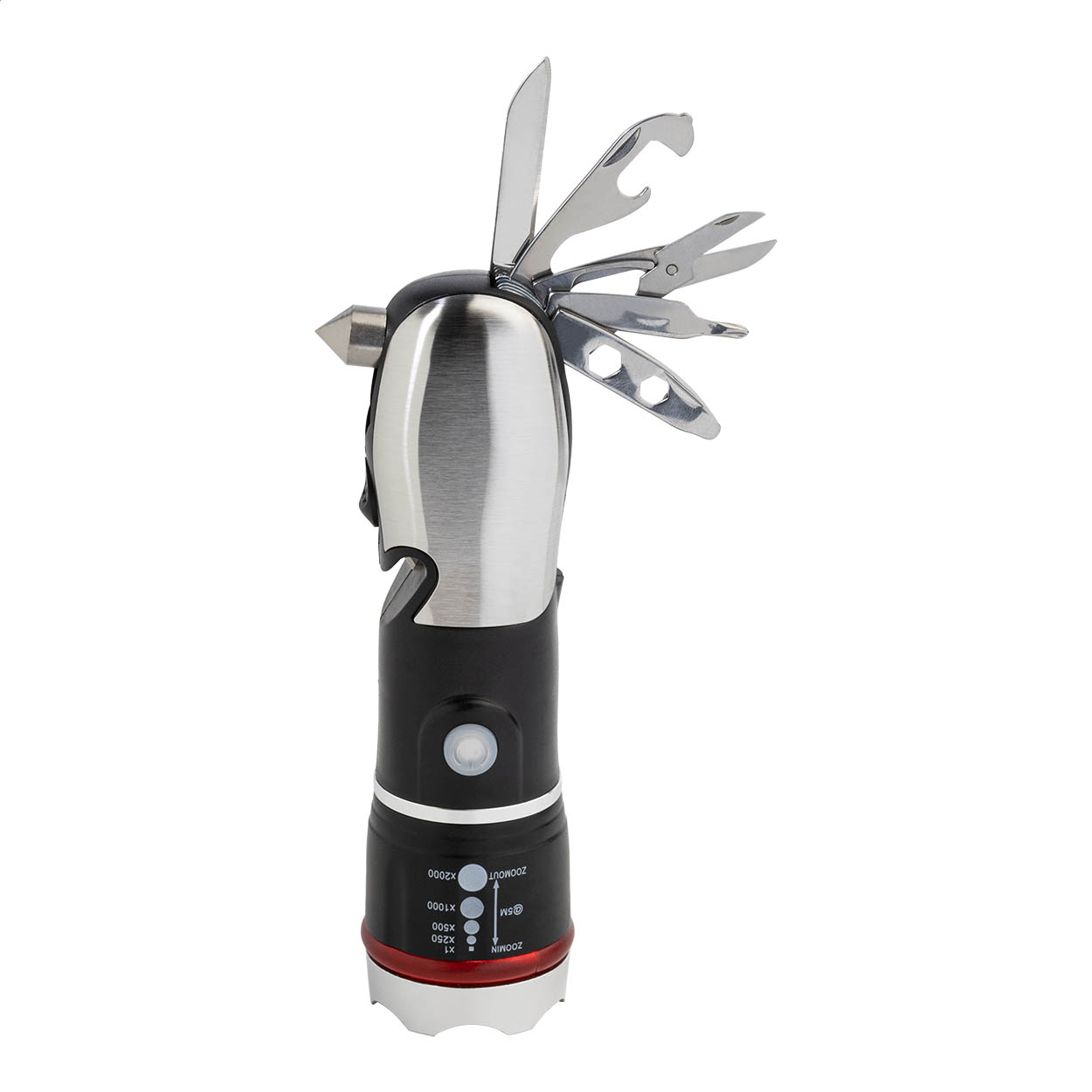 Torcia multifunzionale in ABS e acciaio inox con martello di emergenza, taglia cinture di sicurezza e multi utensile con 9 funzioni — gadget promozionale personalizzabile con il tuo logo