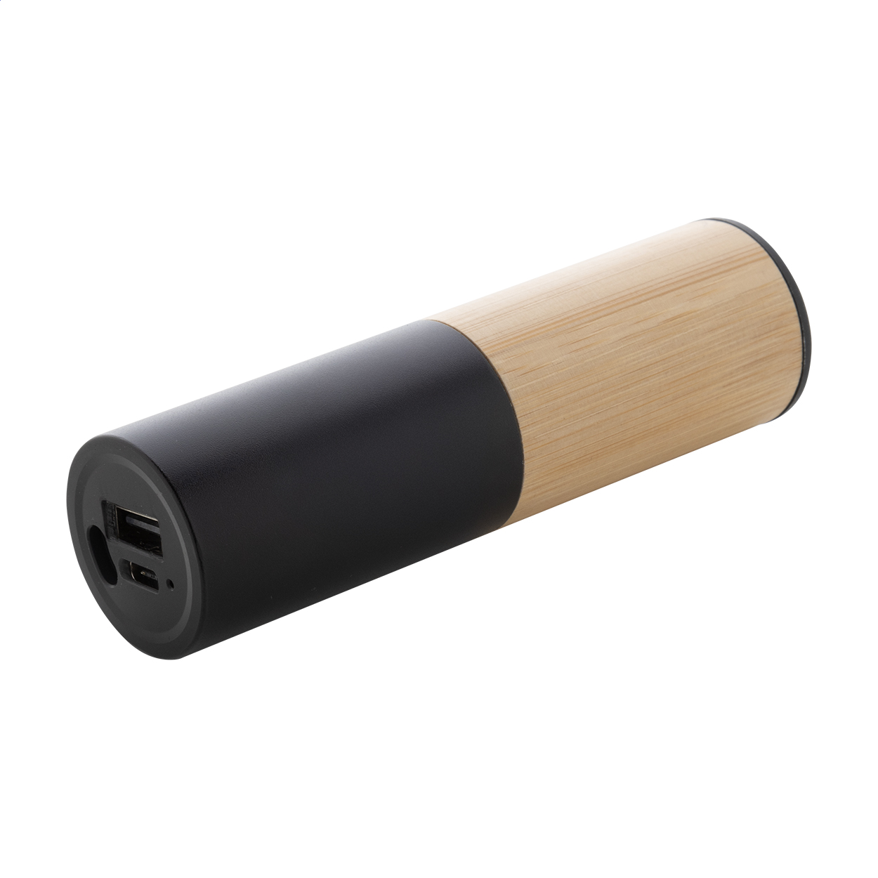 Power bank in alluminio riciclato e bambù con batteria da 2600 mAh, 1 porta di ricarica USB, 1 USB-C e porta di ingresso USB-C — gadget promozionale personalizzabile con il tuo logo
