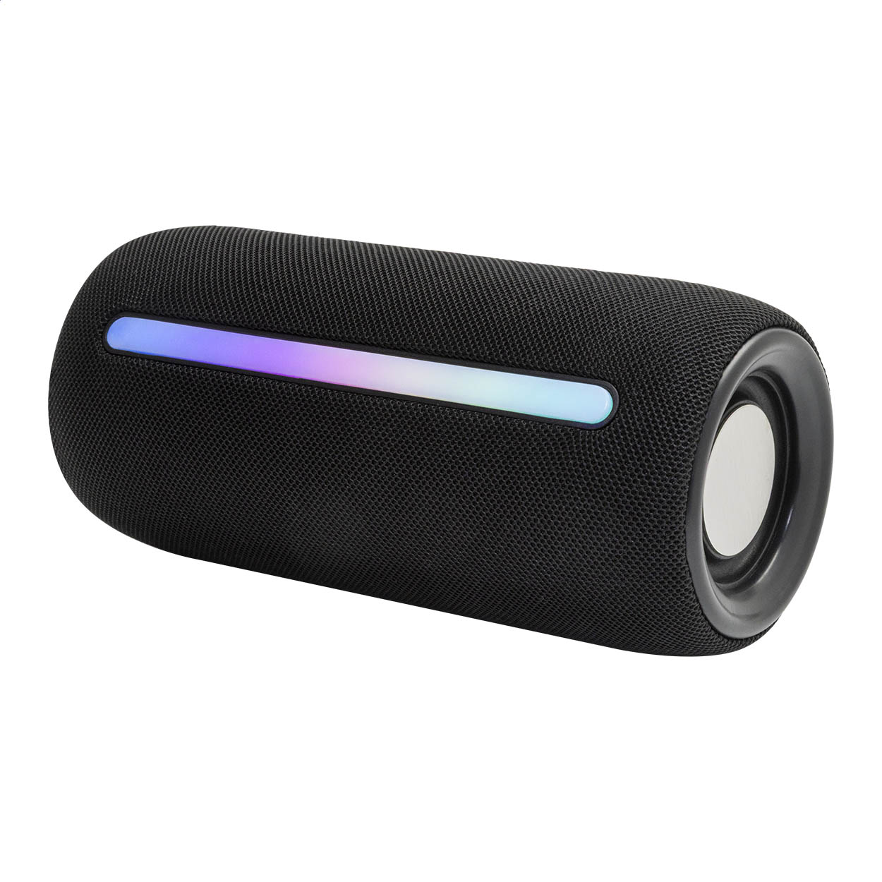 Cassa wireless rivestito in tessuto di poliestere con luce LED multicolore e cinghia di trasporto — gadget promozionale personalizzabile con il tuo logo