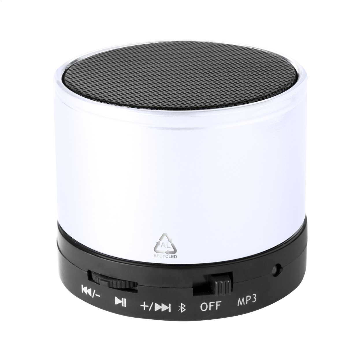 Altoparlante wireless in alluminio riciclato e involucro in ABS riciclato — gadget promozionale personalizzabile con il tuo logo