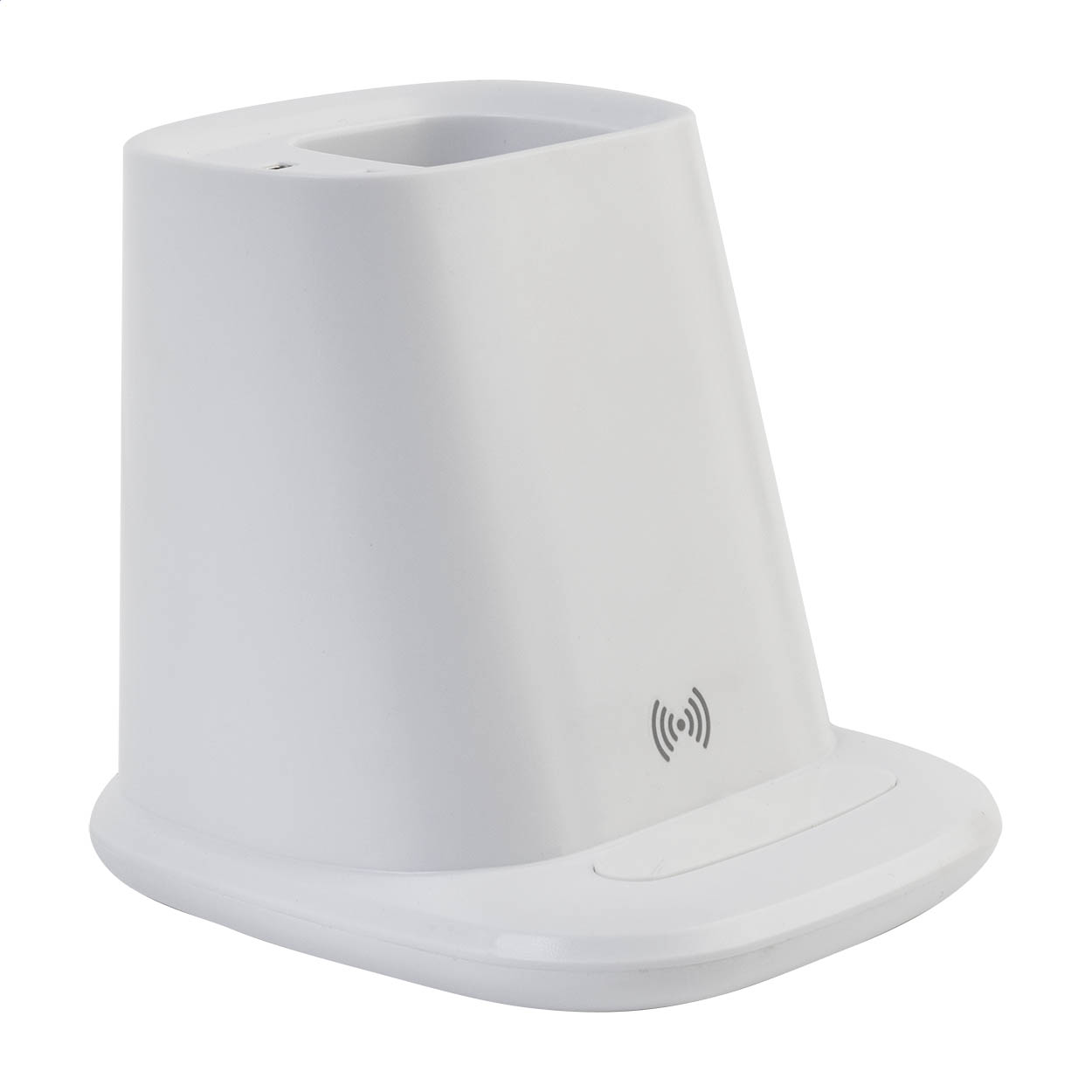 Portapenne multifunzione da scrivania in ABS riciclato con supporto per cellulare, caricatore rapido wireless integrato (10 W), 1 porta USB, 1 porta USB-C e cavo di ricarica USB incluso — gadget promozionale personalizzabile con il tuo logo