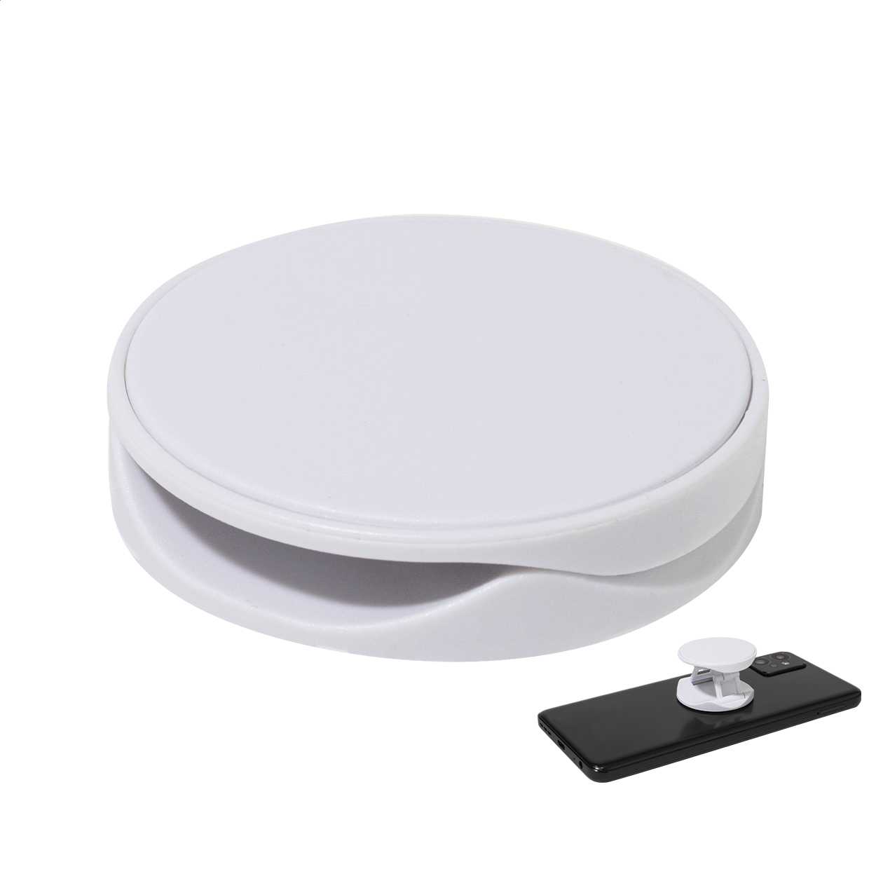 Supporto per cellulare in ABS riciclato di forma rotonda con base autoadesiva — gadget promozionale personalizzabile con il tuo logo