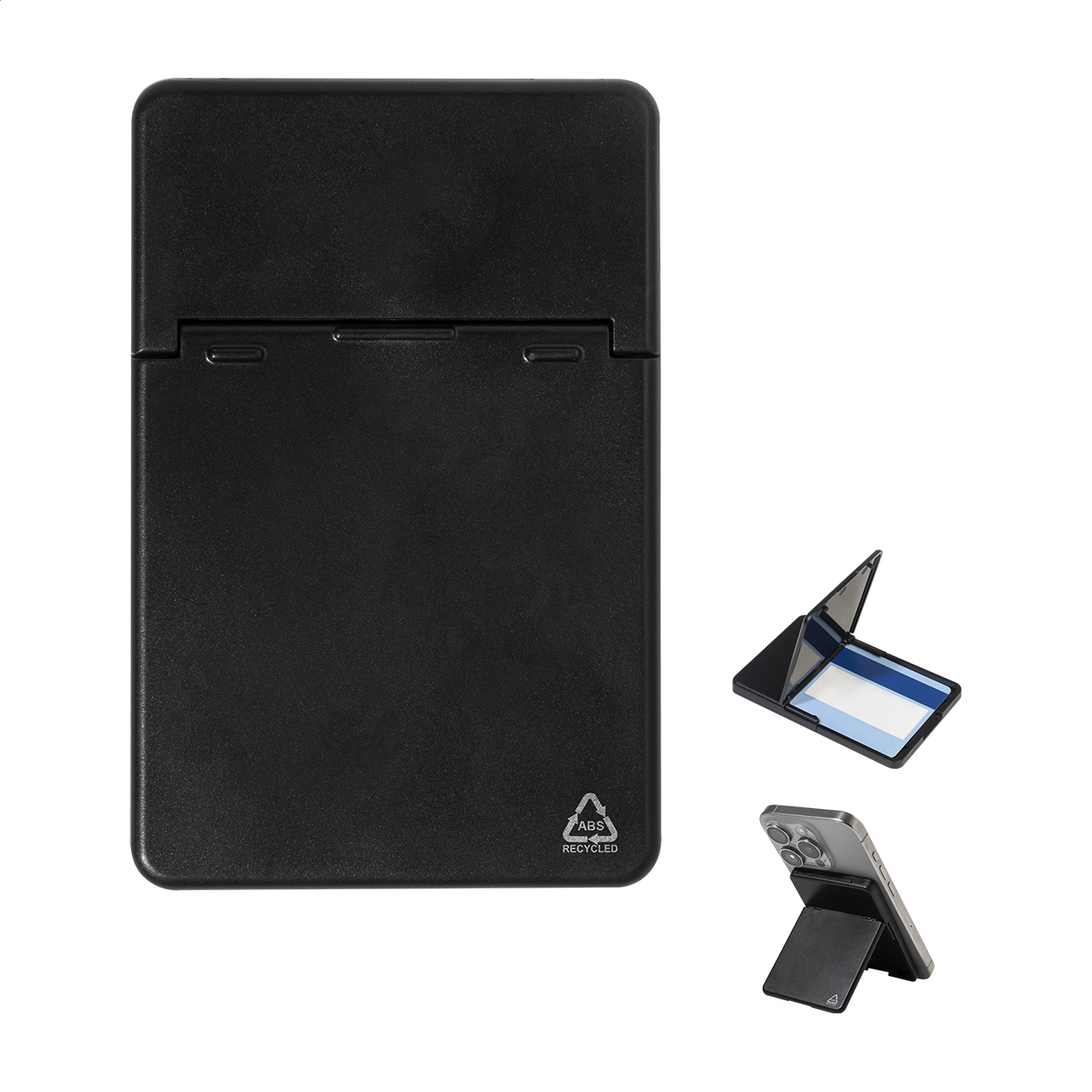 Portacarte di credito in ABS riciclato con funzione di blocco RFID, supporto per cellulare, attacco magnetico per telefono ed anello metallico autoadesivo per cellulari privi di superficie magnetica — gadget promozionale personalizzabile con il tuo logo