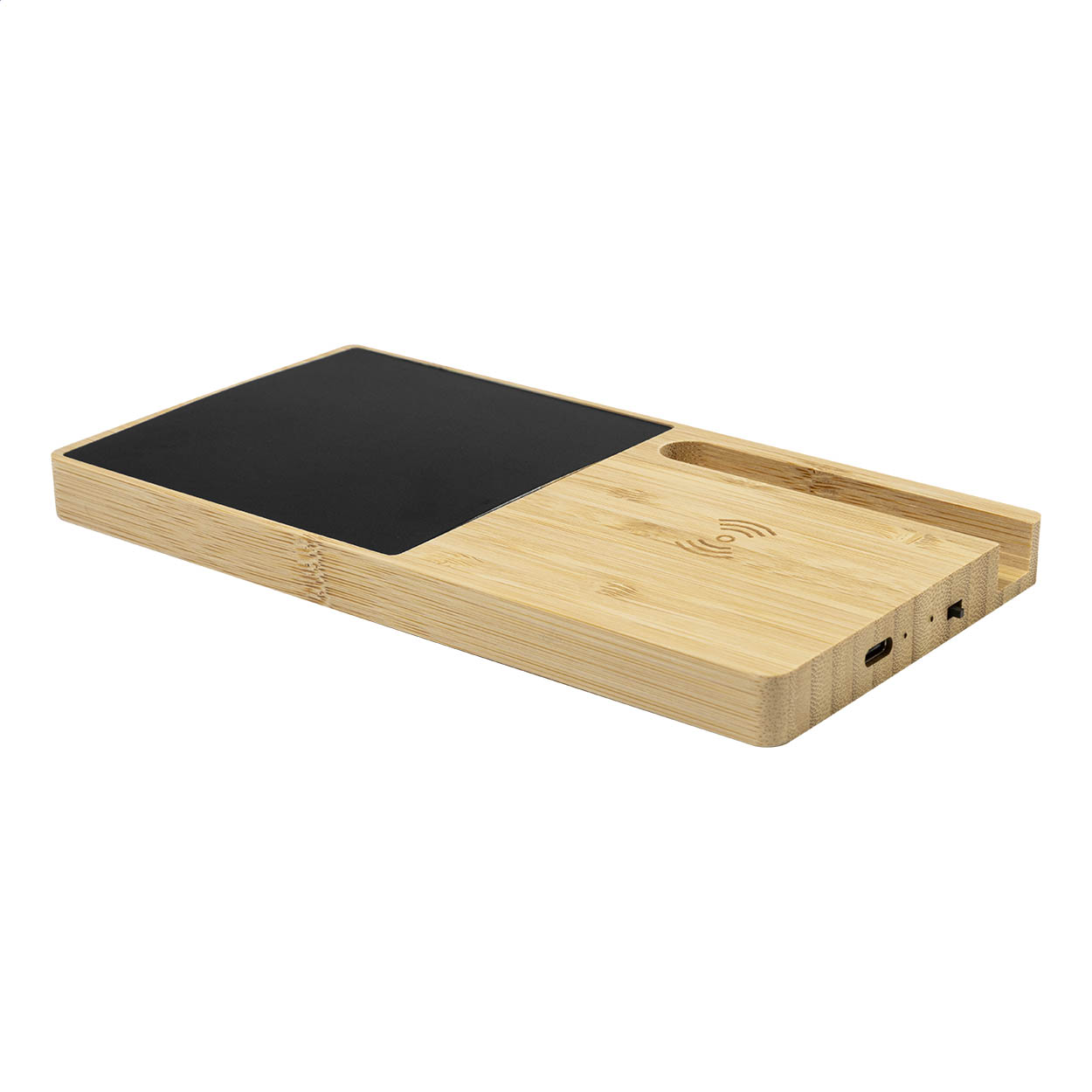 Caricabatterie wireless in bambù (15 W) con scalda tazze e supporto per cellulare — gadget promozionale personalizzabile con il tuo logo