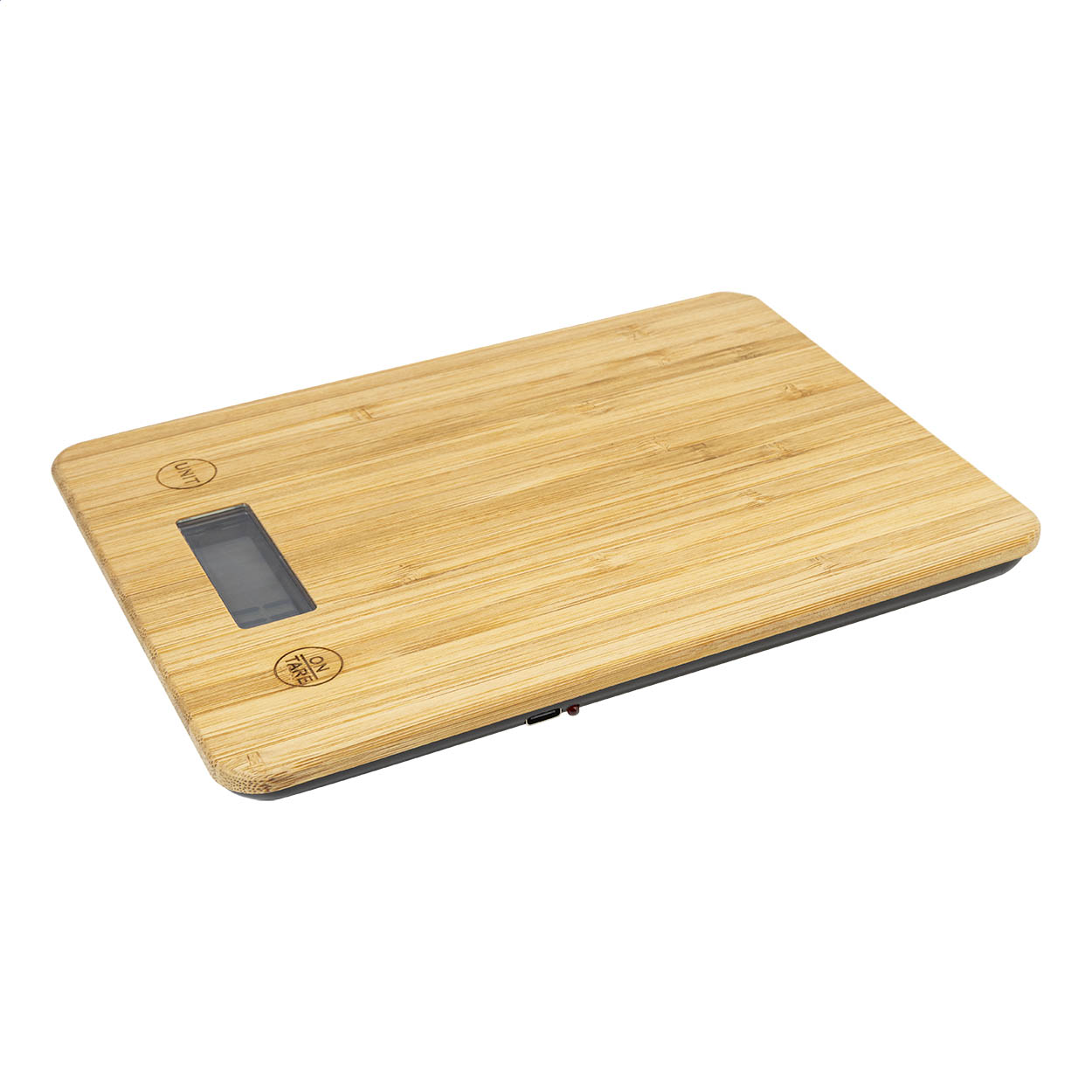 Bilancia da cucina digitale in ABS con piatto di pesata in bambù e batteria ricaricabile USB integrata (300 mAh) — gadget promozionale personalizzabile con il tuo logo