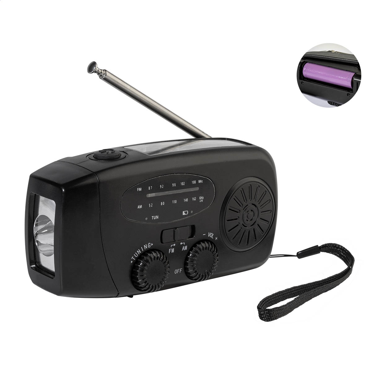 Radio AM/FM multifunzione con struttura in ABS riciclato, dotata di torcia a LED e power bank da 1200 mAh per la ricarica di emergenza — gadget promozionale personalizzabile con il tuo logo