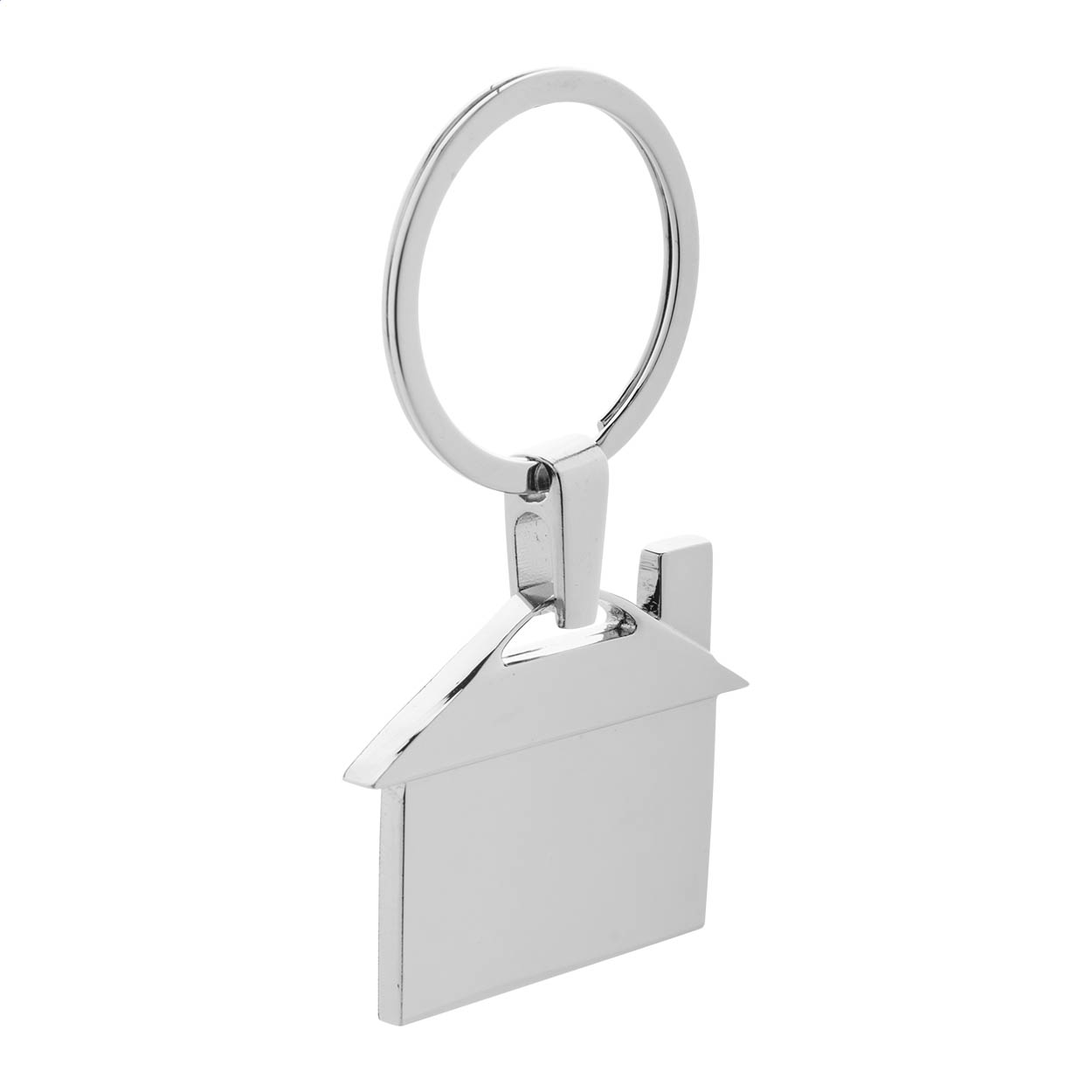 Portachiavi in metallo a forma di casa in confezione di cartoncino nero — gadget promozionale personalizzabile con il tuo logo