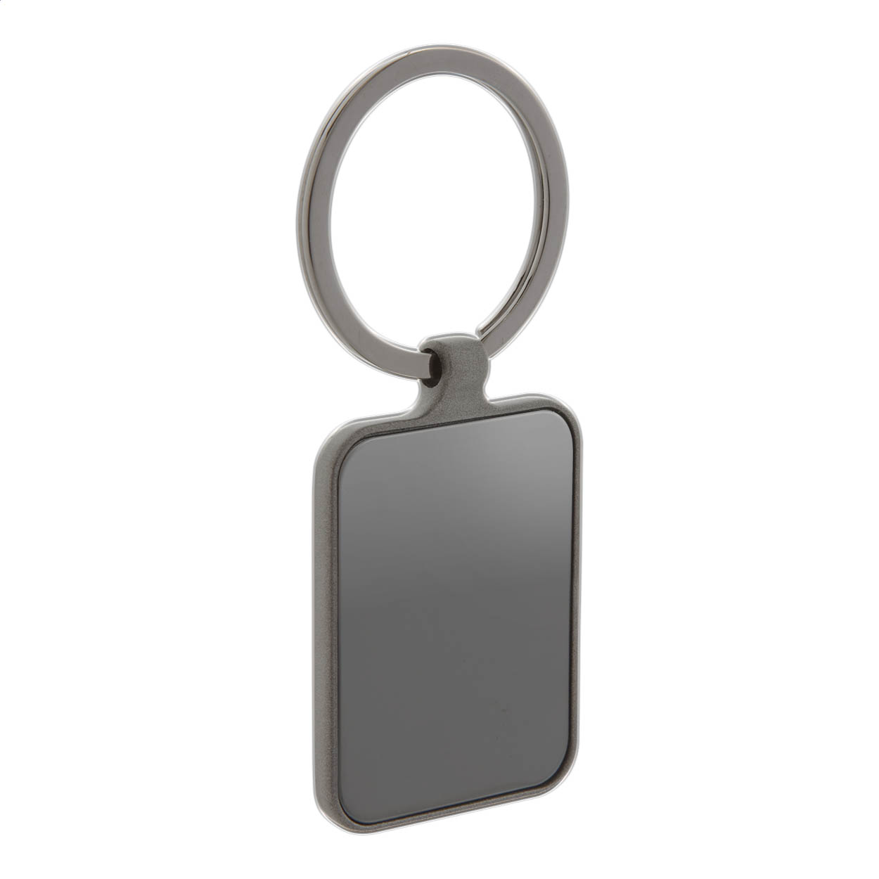 Portachiavi rettangolare in metallo con finitura canna di fucile e piastra lucida su entrambi i lati — gadget promozionale personalizzabile con il tuo logo