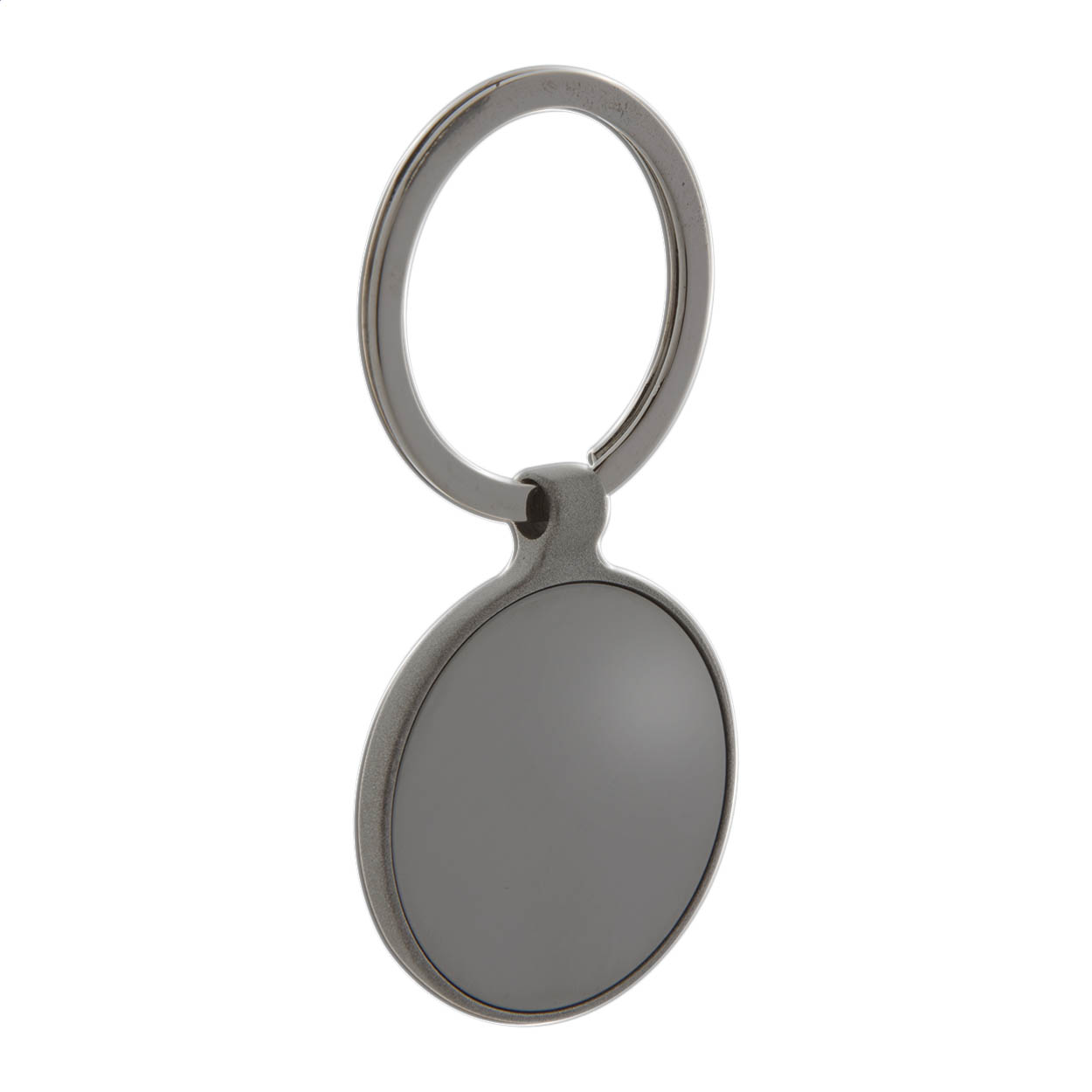 Portachiavi tondo in metallo con finitura canna di fucile e piastra lucida su entrambi i lati — gadget promozionale personalizzabile con il tuo logo