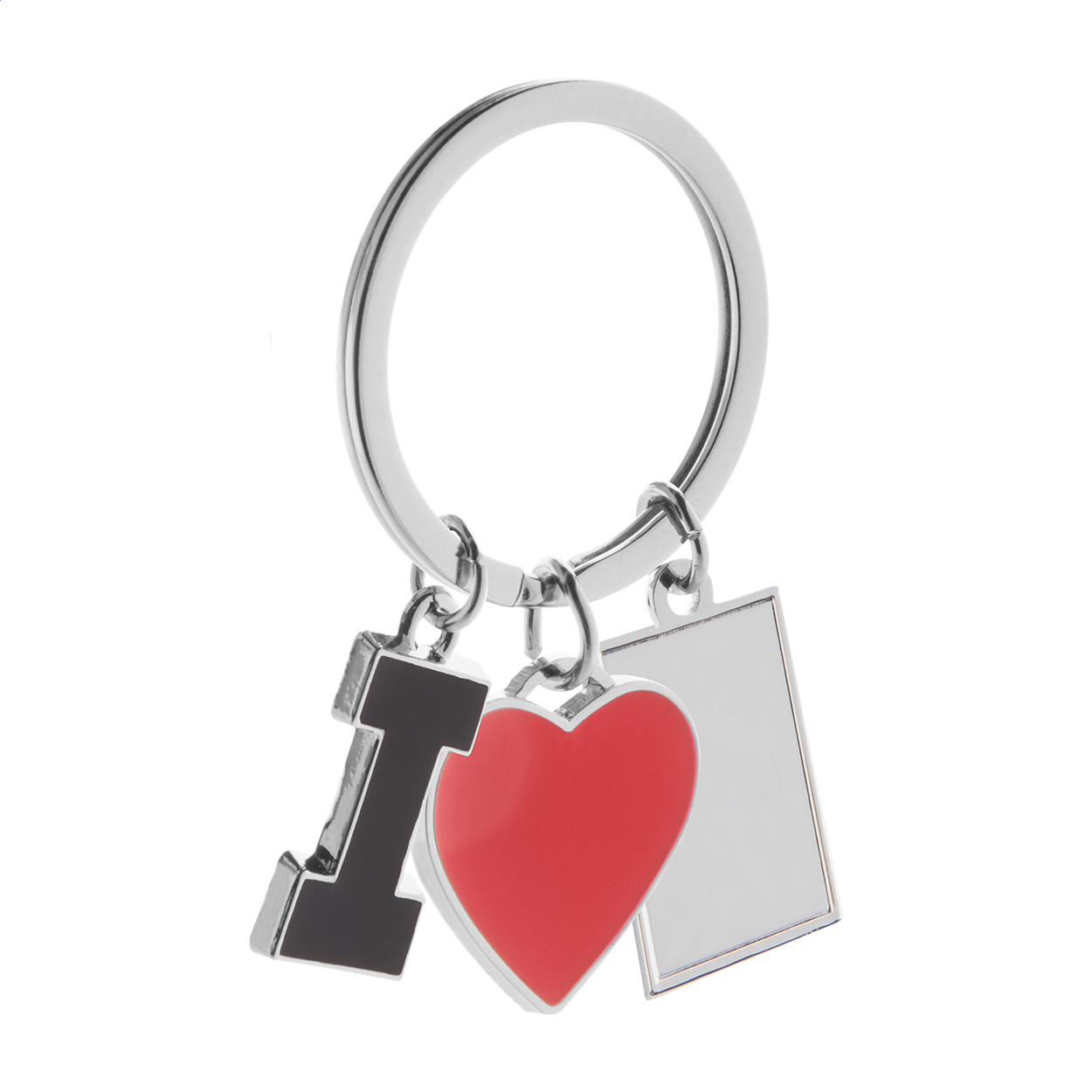 Portachiavi in metallo con 3 ciondoli: "I", cuore e rettangolo — gadget promozionale personalizzabile con il tuo logo