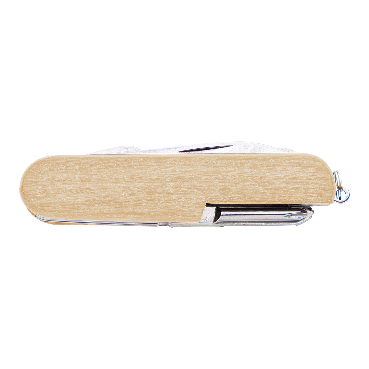 Coltellino tascabile in acciaio inox con manico in legno e 9 funzioni — gadget promozionale personalizzabile con il tuo logo