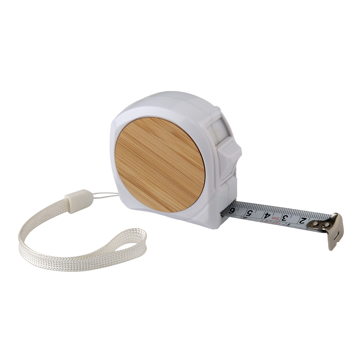 Flessometro in plastica e bambù con funzione di blocco, clip in metallo e laccetto, 5 m — gadget promozionale personalizzabile con il tuo logo