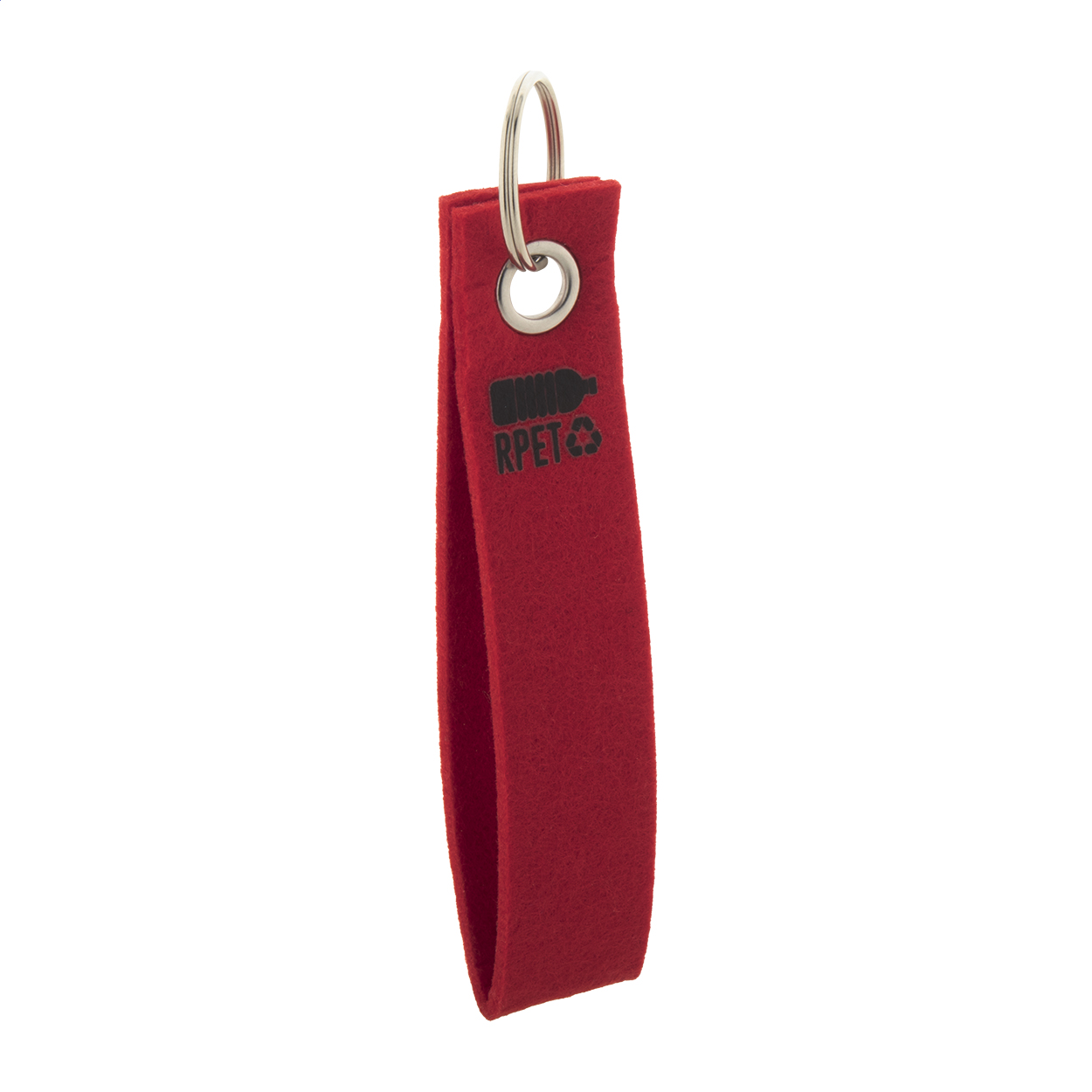Portachiavi in feltro RPET con anello in metallo e logo RPET — gadget promozionale personalizzabile con il tuo logo