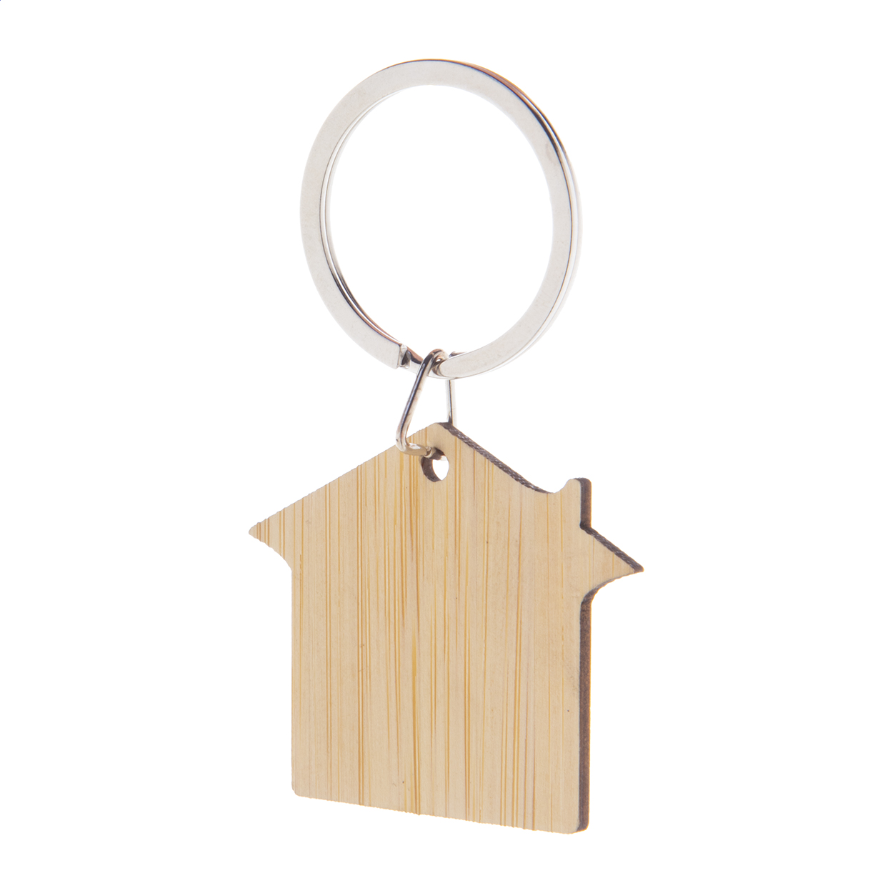 Portachiavi in bambù a forma di casa con anello in metallo — gadget promozionale personalizzabile con il tuo logo