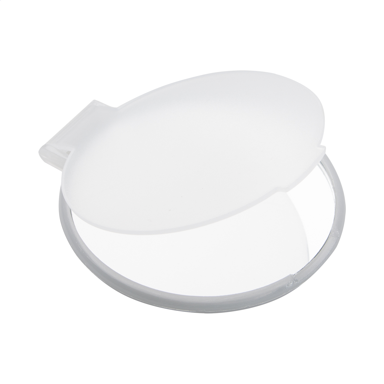 Specchietto rotondo in PS riciclato traslucido — gadget promozionale personalizzabile con il tuo logo