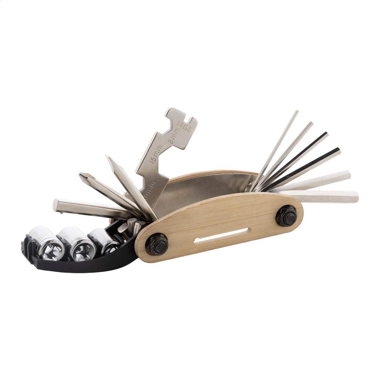 Multi utensile in acciaio con impugnatura in bambù e 14 funzioni — gadget promozionale personalizzabile con il tuo logo