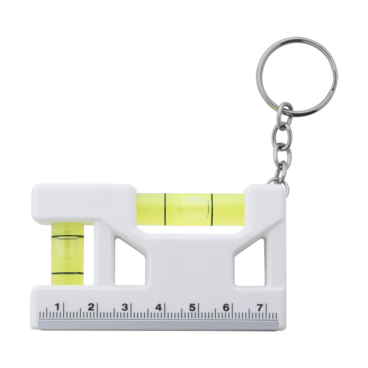 Portachiavi multifunzione in ABS riciclato con anello in metallo, righello, magnete e doppia livella — gadget promozionale personalizzabile con il tuo logo