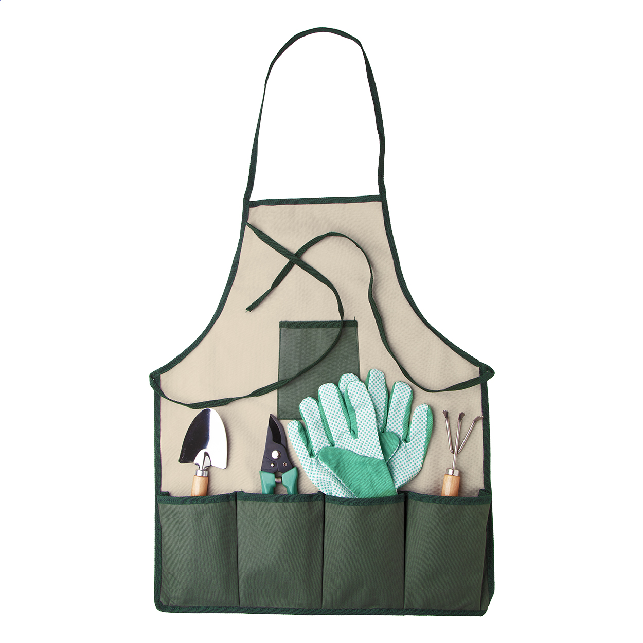 Set giardino composto da un grembiule di nylon, forbici per potare, rastrello, paletta ed un paio di guanti — gadget promozionale personalizzabile con il tuo logo