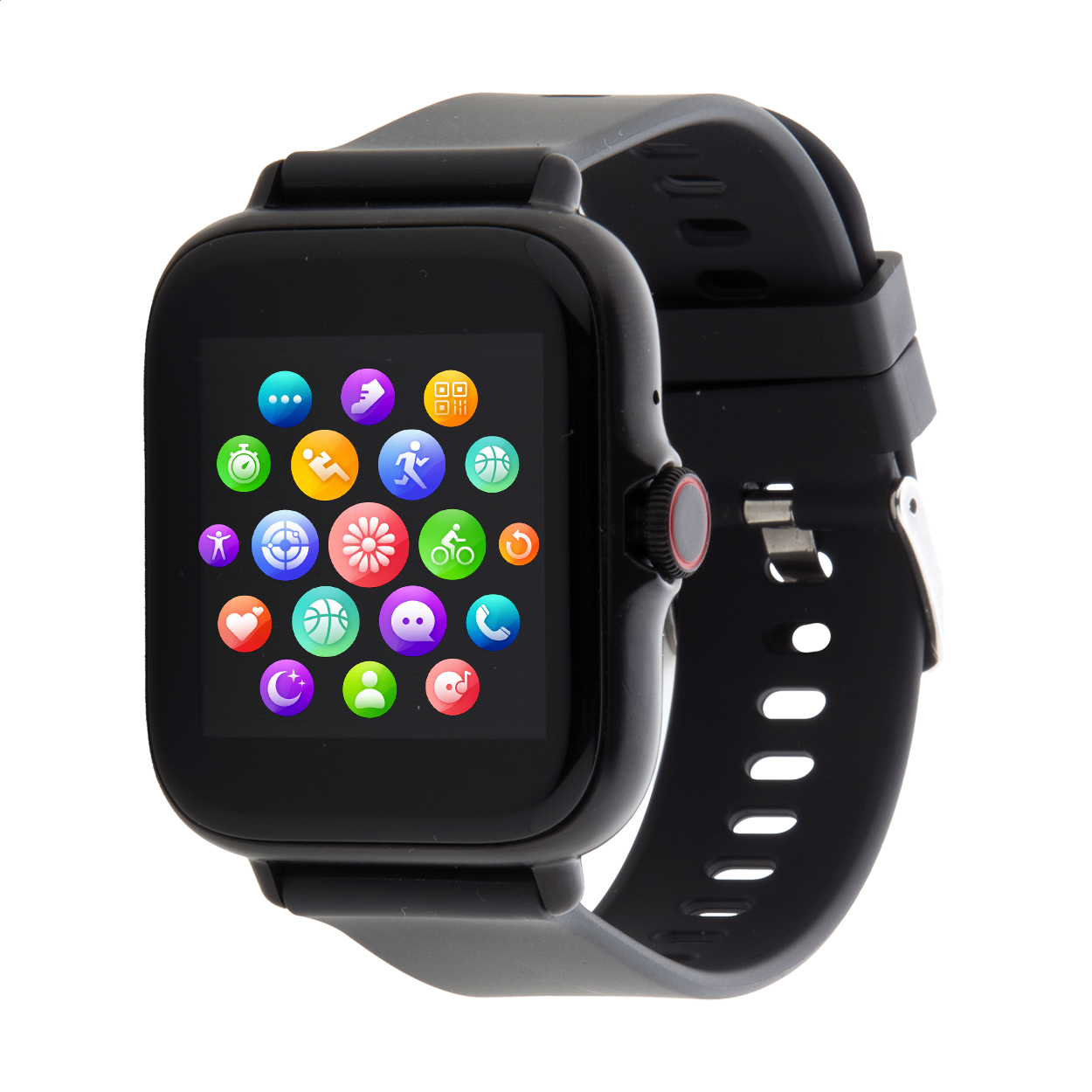 Smartwatch wireless multifunzionale con cassa in metallo, schermo touch screen TFT da 1,44", batteria ricaricabile da 150 mAh e cinturino in silicone — gadget promozionale personalizzabile con il tuo logo