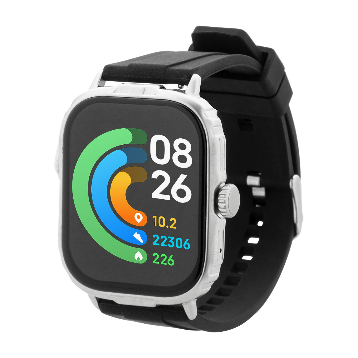 Smartwatch wireless multifunzionale con cassa in metallo, schermo touch screen TFT da 2,01", batteria ricaricabile da 210 mAh e cinturino in silicone — gadget promozionale personalizzabile con il tuo logo