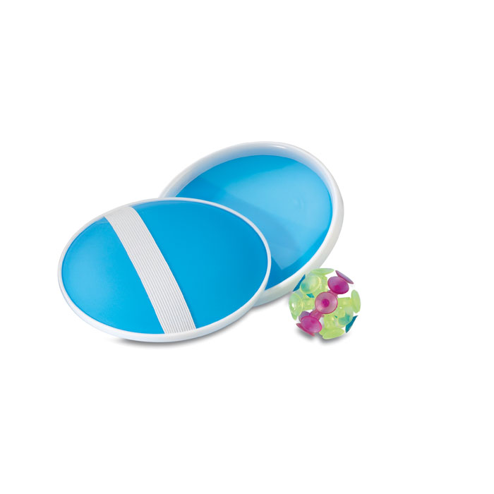 Set gioco da spiaggia composto da una palla con ventose e 2 racchette in plastica con fascia elastica per la mano — Sport & Outdoor personalizzabile con il tuo logo