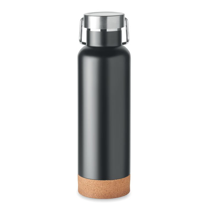 Bottiglia a doppio strato isolata sottovuoto in acciaio inox riciclato con coperchio a maniglia e base con dettagli in sughero — Drinkware & Lunch personalizzabile con il tuo logo