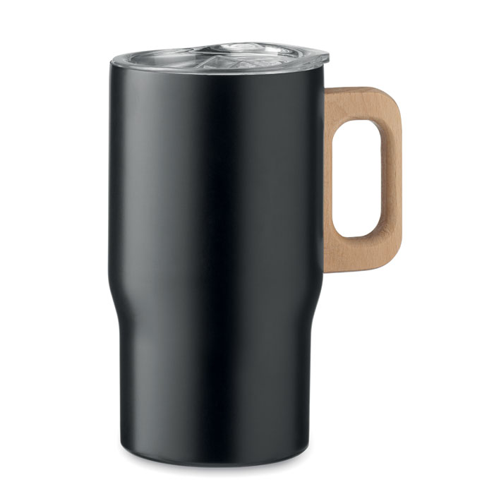Bicchiere doppio strato in acciaio inox riciclato (90% acciaio inox riciclato e 10% acciaio inox) con manico in legno — Drinkware & Lunch personalizzabile con il tuo logo