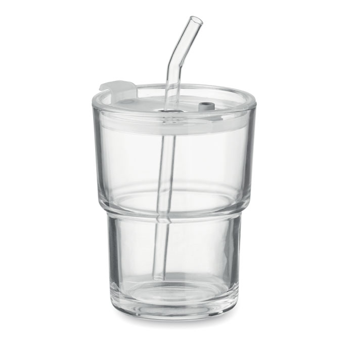 Bicchiere in vetro con coperchio e cannuccia in vetro rimovibile — Drinkware & Lunch personalizzabile con il tuo logo