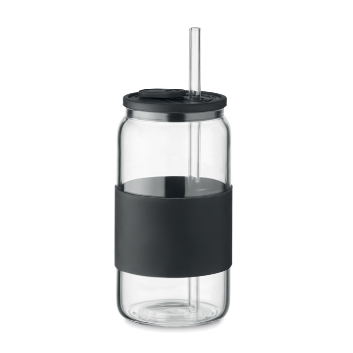 Bicchiere in vetro borosilicato alto con coperchio e impugnatura in silicone — Drinkware & Lunch personalizzabile con il tuo logo