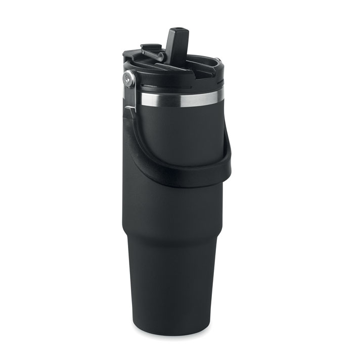 Bicchiere a doppio strato in acciaio inox riciclato (90% acciaio inox riciclato e 10% acciaio inox) con coperchio con cannuccia interna, imboccatura pieghevole e apertura per bere direttamente — Drinkware & Lunch personalizzabile con il tuo logo