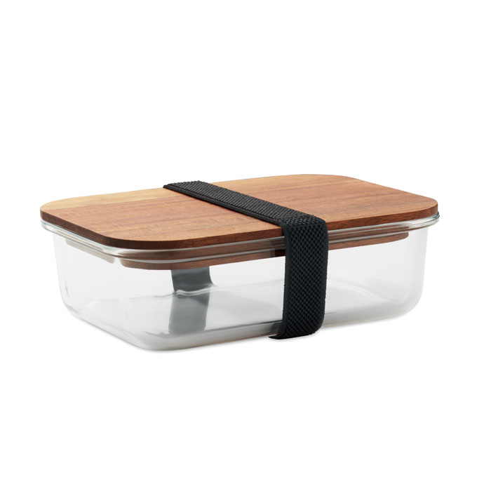 Portapranzo in vetro con coperchio in legno di acacia e chiusura con elastico in RPET — Drinkware & Lunch personalizzabile con il tuo logo
