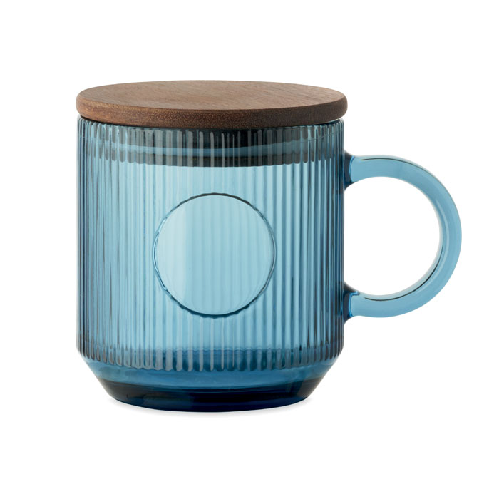 Tazza in vetro a coste con coperchio in acacia — Drinkware & Lunch personalizzabile con il tuo logo