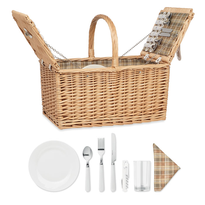 Cestino da picnic in vimini per 4 persone composto da 1 apribottiglie, 4 cucchiai, forchette e coltelli in acciaio inossidabile, 4 piatti in ceramica, 4 bicchieri e 4 tovaglioli in policotone — Sport & Outdoor personalizzabile con il tuo logo
