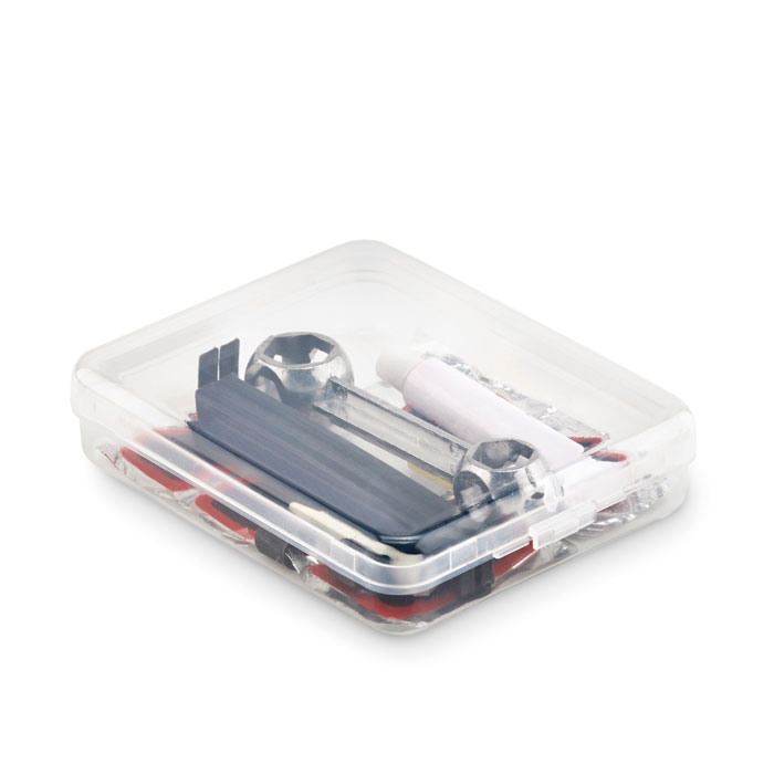 Kit riparazione bici composto da 1 chiave inglese, 2 levagomme, 1 colla, 2 tappi valvola, 2 tubi valvola, 1 grattugia, 5 toppe di riparazione — Sport & Outdoor personalizzabile con il tuo logo